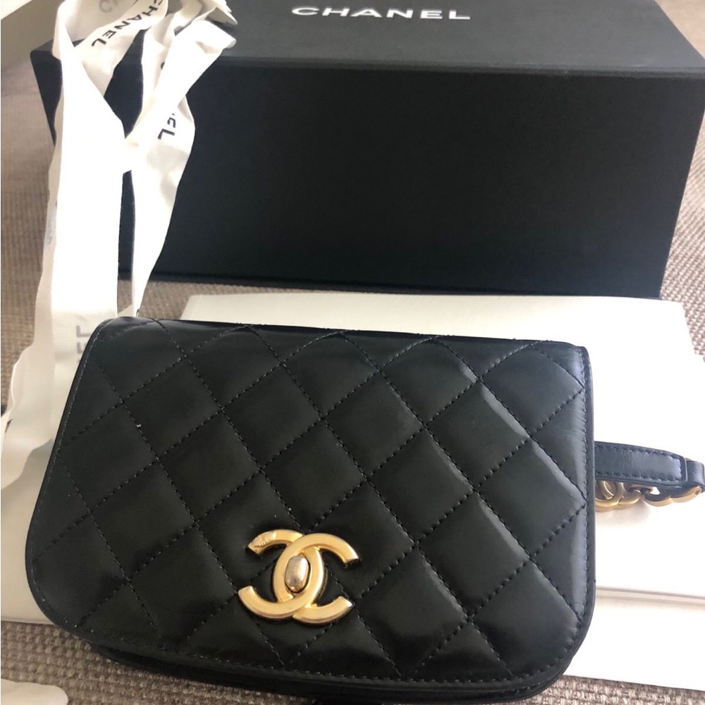 CHANEL Black Quilted Lambskin/ Suede Mini Belt Bag with Gold CC Hardware - Picture 14 of 16